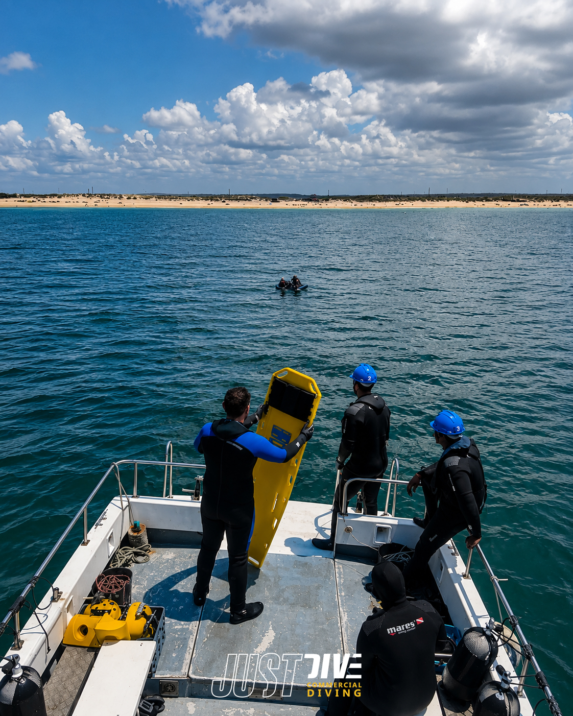 Equipa de mergulho profissional a bordo de uma embarcação em operação no mar